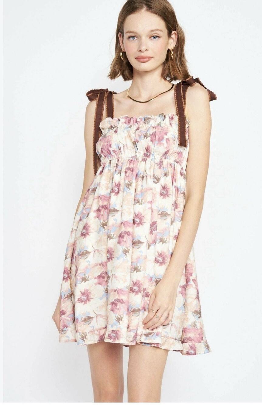 ⁠En Saison Anthropologie Women’s Floral Tie Strap Mini Dress Empire Waist Size L